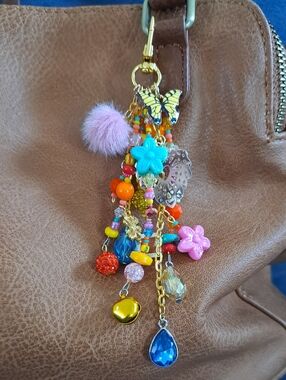 PURSE OR BAG CHARM Handmade Colorful Candy Colors/Gold Palette, Beads, Fun, 5.5"